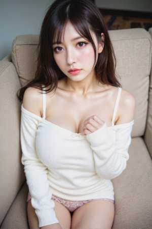 白いオフショルダーのセーターとピンクのパンティーを着てソファに座っている若い女性を正...。