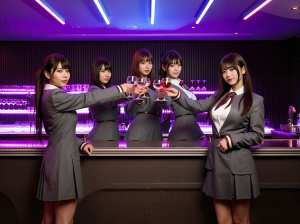 紫色の照明とグラスの列を背景にした薄暗いバーで、フォーマルなビジネス服を着た 5 人...。