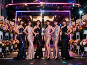 夜にカラフルなネオンが輝く建物の前に立ち、集合写真を撮る 7 人の若い女性のグループ。