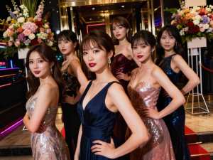 花で飾られた豪華なエントランスの前で、アジア人女性 7 人が列に並び、写真を撮っている。