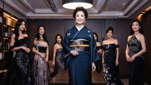 伝統的な日本の着物を着て帯を締め、エレガントなイブニングドレスを着た7人の女性に囲ま...。