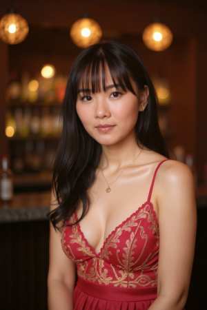 ぼやけた棚とライトを背景にした薄暗いバーの環境で撮影された、金の刺繍が施された赤いド...。