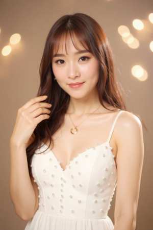 長くストレートな茶色の髪と白い肌を持つ若い女性が、ボケ味のある柔らかくぼやけた背景に...。