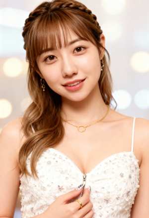 長くウェーブのかかった茶色の髪を三つ編みに整え、大きく開いたネックラインと金のネック...。