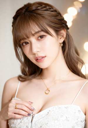 白い肌と、三つ編みでスタイリングしたウェーブのかかった長い茶色の髪を持つ若い女性の写...。