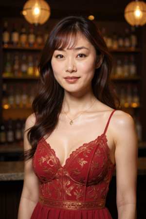 ボトルと提灯のあるぼやけたバーの背景の前に立つ赤いドレスを着た女性を、ポートレートア...。