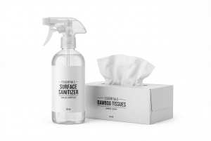 銀色のトリガーが付いた白い表面の消毒剤ボトルと竹ティッシュの白い箱のモックアップ。