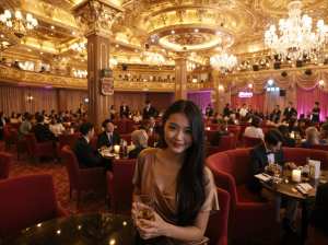 高級レストランのテーブルに座ってウィスキーのグラスを持ち、大勢の人々に囲まれている女...。