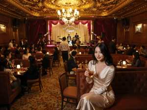 高級レストランに座ってドリンクのグラスを持ち、カメラに向かって微笑む女性を正面から写...。