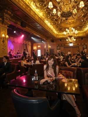 高級レストランのテーブルに座り、ピンクのサテンのドレスを着てワインのグラスを持った女...。