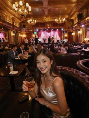 高級レストランのテーブルに座り、ウィスキーのグラスを持ち、カメラに向かって微笑む若い...。