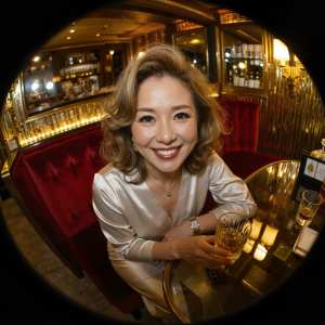 薄暗いバーのテーブルに座り、手にウイスキーのグラスを持っている女性のポートレート。