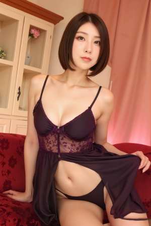 露出の高い紫色のランジェリーセットを着て、居心地の良いリビングルームの赤いソファに座...。