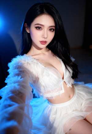 薄い白いトップスとチュールのスカートを着た長い黒髪の若い女性が薄暗い部屋に座っており...。