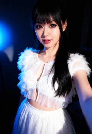 青い光源を背景にセルフィーを撮る若い女性をポートレートアングルから撮影した写実的な写真。