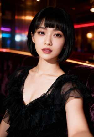 カラフルなライトを背景にした薄暗い部屋で紫色のベルベットのソファに座る、短い黒のボブ...。