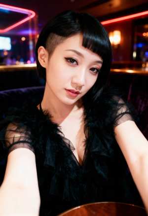 ネオンライトを背景にした薄暗いバーのテーブルに座る、黒い羽根の付いたベストを着た、短...。