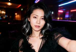 ネオンライトを背景に薄暗いナイトクラブで自撮りをする若い女性のポートレート。