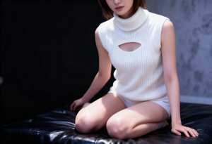 カットアウトのある白いニットのノースリーブ タートルネック セーターを着て、黒い革張...。