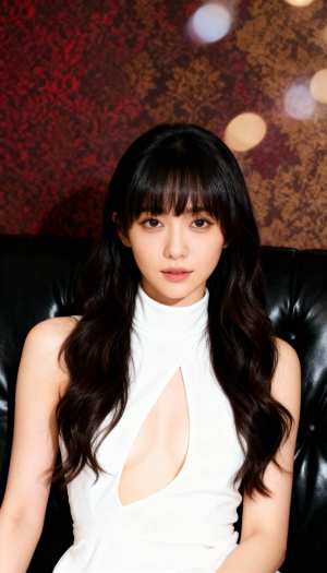 ウェーブのかかった長い黒髪と前髪を持つ若い女性が画像の中央に座っており、胸の谷間が見...。