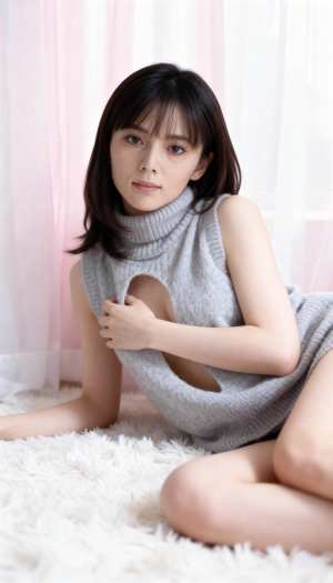 カットアウト デザインのグレーのノースリーブ セーターを着て、ふわふわの白い敷物の上...。