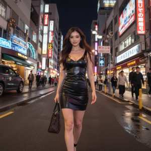 ネオンサインと歩行者に囲まれた夜の繁華街を歩く、黒い革のタイトなドレスを着た若い女性...。