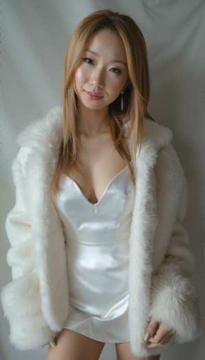 白いドレスと豪華な白い毛皮のコートを着て自信を持ってポーズをとる若い女性をポートレー...。