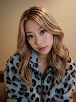 青いヒョウ柄の毛皮のコートを着た、ウェーブのかかった長いブロンドの髪を持つ若い女性の...。