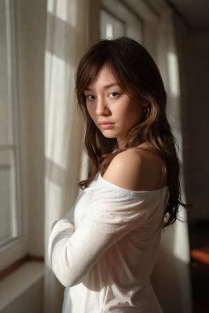 窓の前に立ち、真剣な表情でカメラをまっすぐ見つめている若い女性をポートレート アング...。