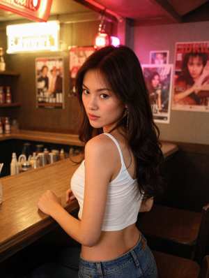 白いタンクトップとブルー ジーンズを着た、ダイナーのカウンターにもたれかかる若い女性...。