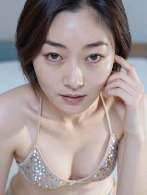 ベージュのスパンコールのビキニトップを着た、中性的な表情の若いアジア人女性をクローズ...。