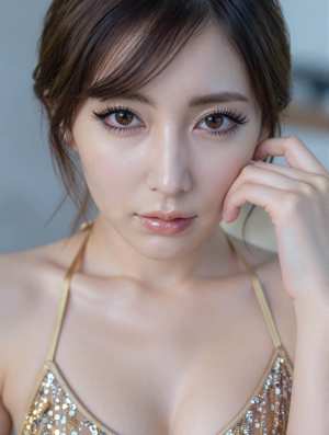 金色のスパンコールのホルターネックトップを着た、中性的な表情の若い女性の写実的なポー...。