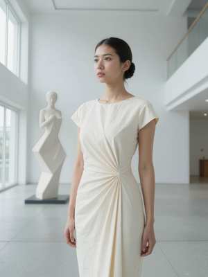 結び目のディテールが施された白いドレスを着てアート ギャラリーに立つ若い女性を横顔カ...。