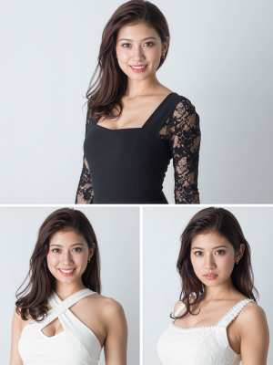 4 つの異なる角度からプロが顔写真を撮影し、異なる表情を持つ若い女性の 4 つのポー...。