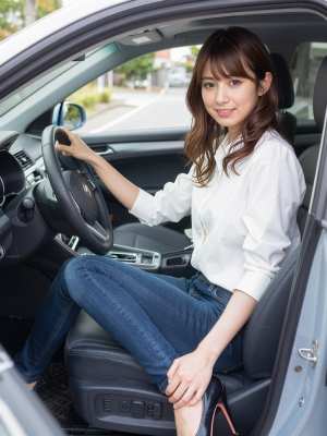 現代の車の運転席に座り、ハンドルを握りながら自信に満ちた笑みを浮かべている若い女性を...。