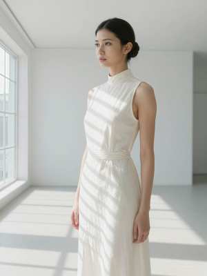 縦縞模様の白いノースリーブのドレスを着て、誰もいない部屋に立つ若い女性を横顔カメラの...。