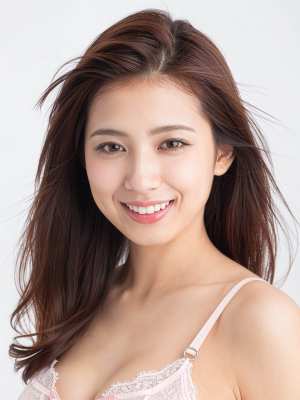 ウェーブのかかった茶色の長い髪と白い肌を持つ若い女性の写実的なポートレート。