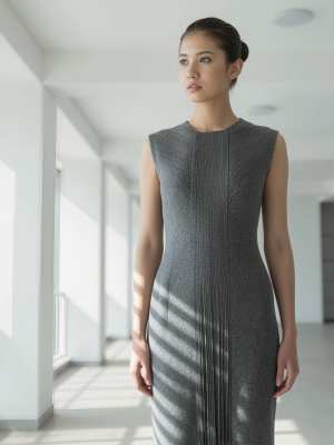 大きな窓から日光が差し込む空っぽの部屋にノースリーブのニットドレスを着て立っている若...。