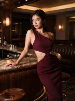 薄暗いバーの中で、バーガンディのワンショルダー ドレスを着た若い女性がバーカウンター...。