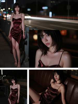 バーガンディのサテンのドレスを着た若い女性が夜の街路で自信を持ってポーズをとる、正面...。