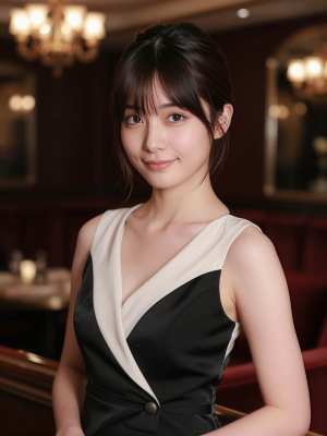 ポートレートカメラの角度から撮影された、フォーマルな環境にいる若い女性の写実的なポー...。