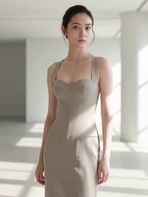 大きな窓から日光が差し込み、誰もいない部屋に、ぴったりとしたベージュのドレスを着た若...。