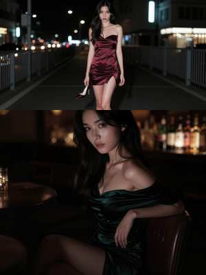 夜の薄暗い屋外の環境で、豪華なバーガンディのサテンのドレスを着てポーズをとる女性を正...。