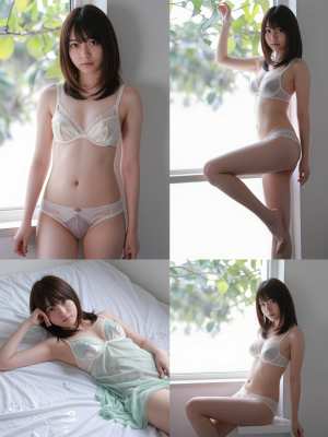 白いランジェリーを着てさまざまなポーズをとる若い日本人女性をフィーチャーした、6 枚...。