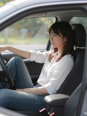 白いブラウスとブルー ジーンズを着て、現代の車の運転席に座っている若い女性を横から撮...。