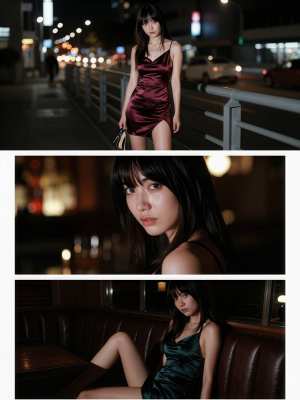 4 枚の写真のコラージュから作られたフォトリアリスティックなショットで、夜の薄暗い都...。