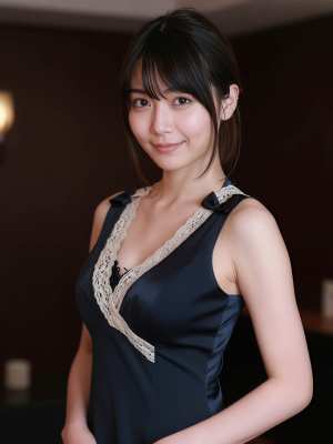 背景がぼやけた薄暗い部屋で、レースのトリムが付いたネイビーブルーのノースリーブのドレ...。