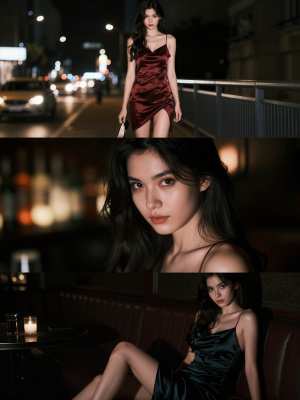 柔らかな光に照らされた夜の街路で、豪華なサテンのドレスを着た女性がエレガントにポーズ...。