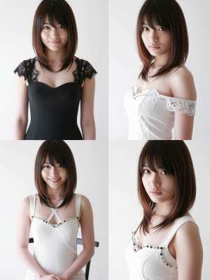 無地の白い背景に格子状のパターンで配置された、さまざまな髪型の若い女性のポートレート...。