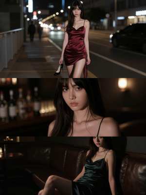 赤いサテンのドレスを着た若い女性が夜の街路で自信満々にポーズをとる、トップダウン視点...。